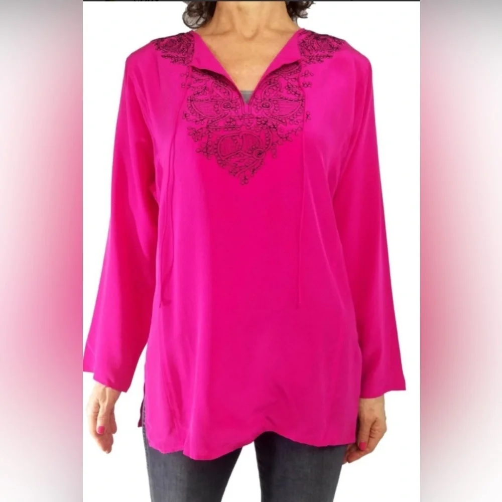 DIANE Von FURSTENBERG SILK ASSETS Hot Pink Embroidery Tunic Top Women’s Size L